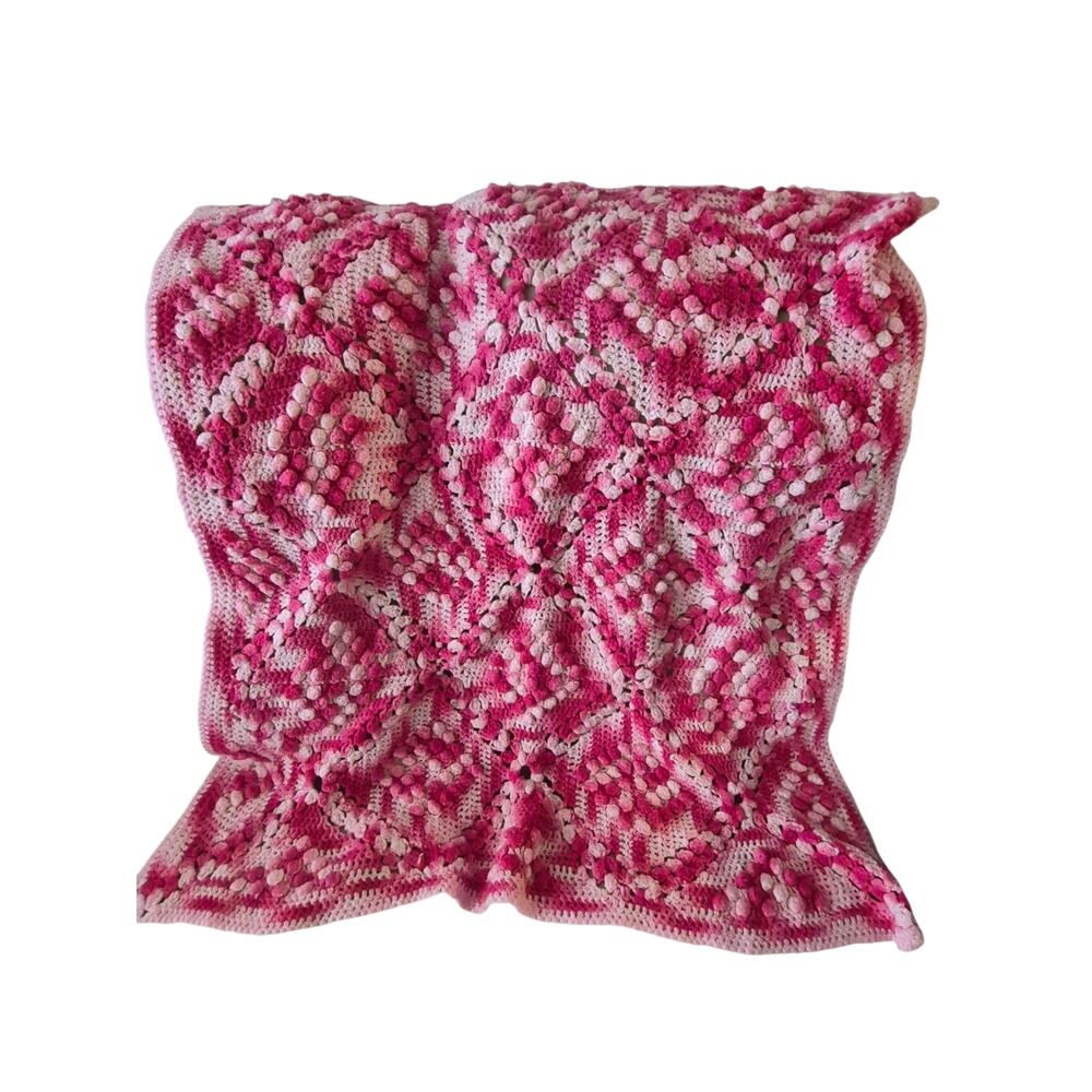 Crochet Granny Square Blanket Afghan White Two Pink Colors 47 x 33‎ Heavy Retro
